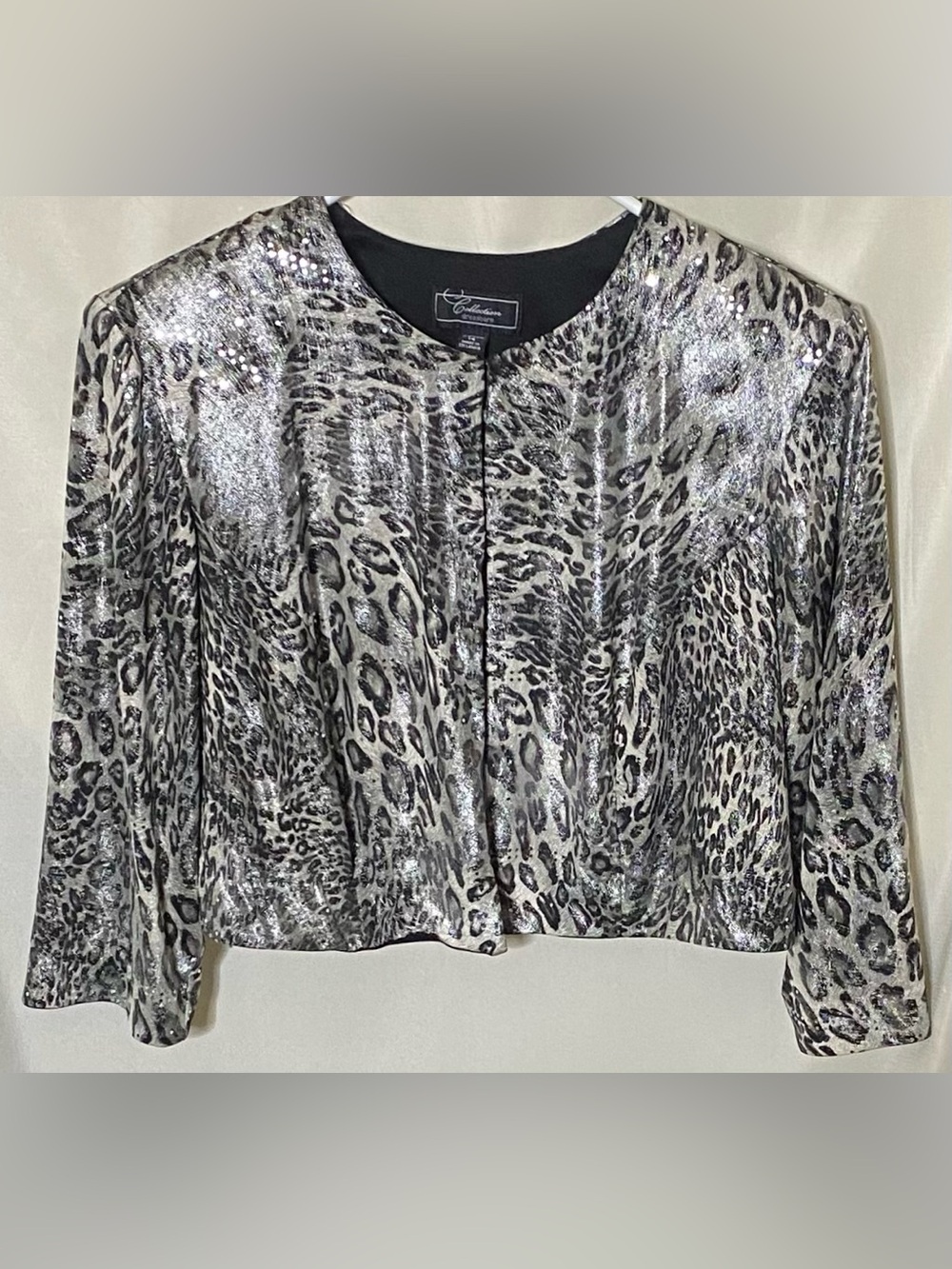 Dressbarn Collection Silver Metallic Animal Print Cropped Evening Jacket/ Bolero